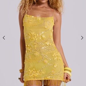 Jaded London Yellow Floral Embellished Ellora Mini Backless Dress
